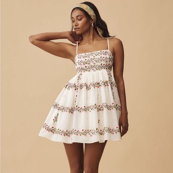 Samant Chauhan Anthropologie White Square-Neck Floral Embroidered Mini Dress XL - Picture 2 of 14